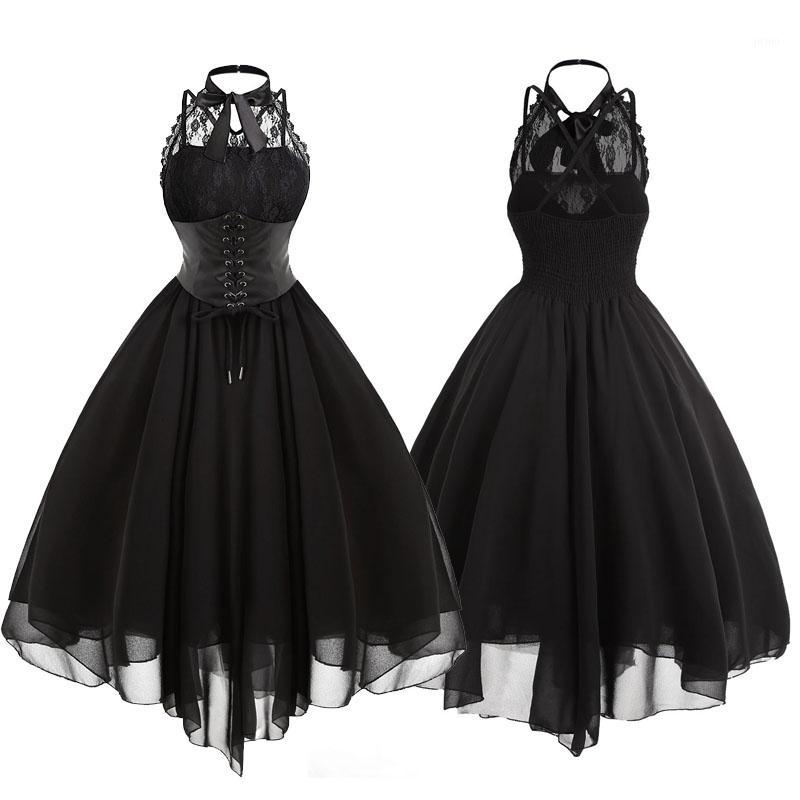 

Women Vintage Gothic Bow Party Dress Lolita Girls Sleeveless Cross Back Lace Panel Corset Swing Dress Robe Vestidos Drop Ship1