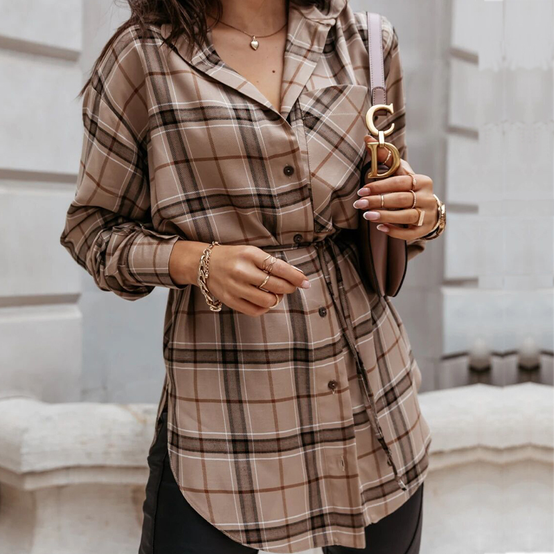 

2021 New Women Autumn Winter Fashion Plaid Shirt Turn-down Collar Long Sleeve Button Up Casual Loose Midi Blouse Coat Tops Plfm, Wd560ka