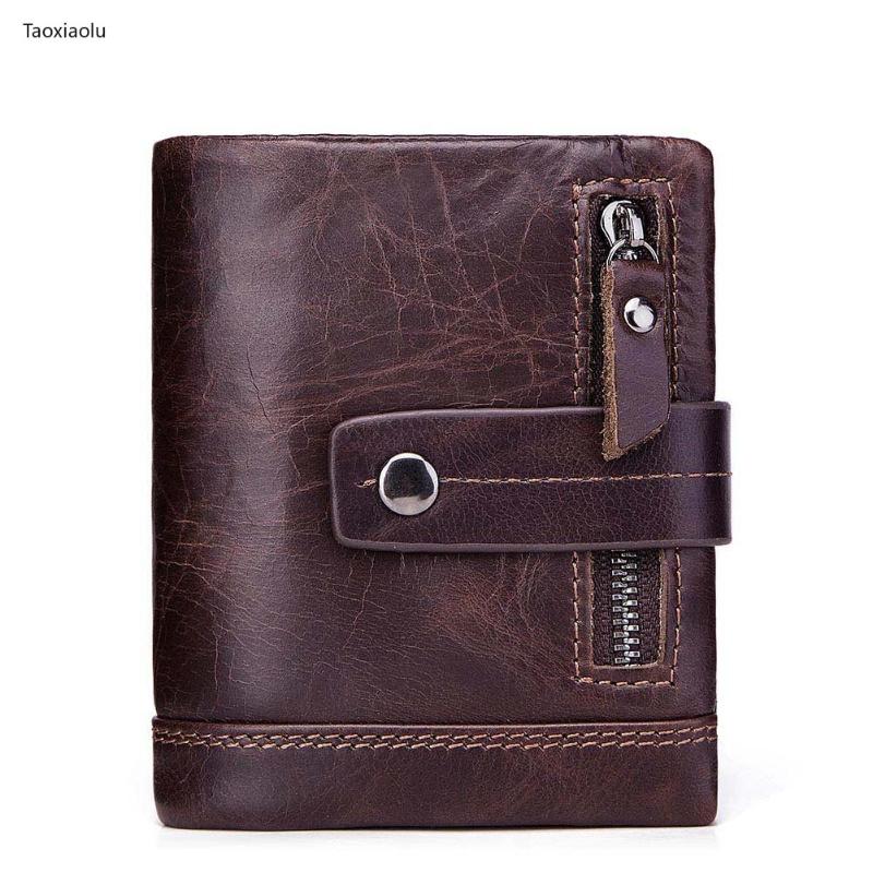 

Men's Short Wallet Genuine Leather Purse Crazy Horse Leather Zipper Buckle Multifunction Wallet, Black