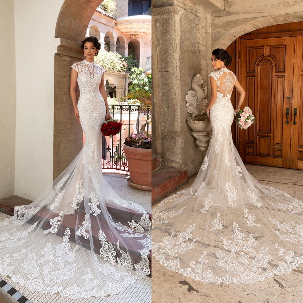

Kitty Chen 2021 Wedding Dresses Jewel Lace Appliques Mermaid Bridal Gowns Capped Sleeves Button Back Wedding Dress Vestidos De Novia, Ivory