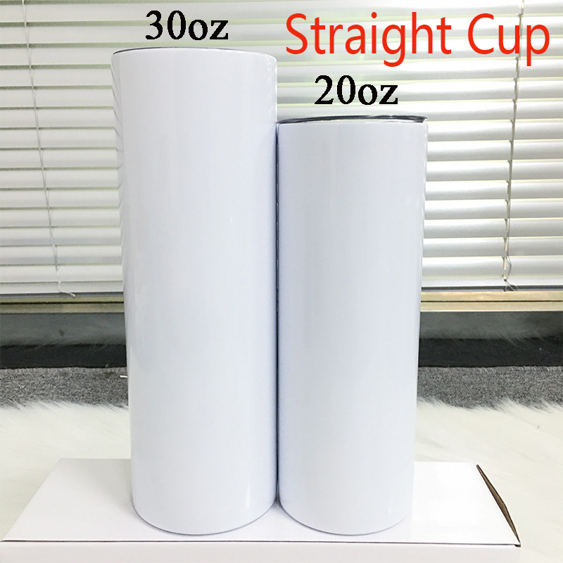 

20oz 30oz Sublimation Blank Skinny Tumblers With Lid and Straws Stainless Steel Vaccumed Straight Cup Wine Tumbler For Christmas Gifts, White