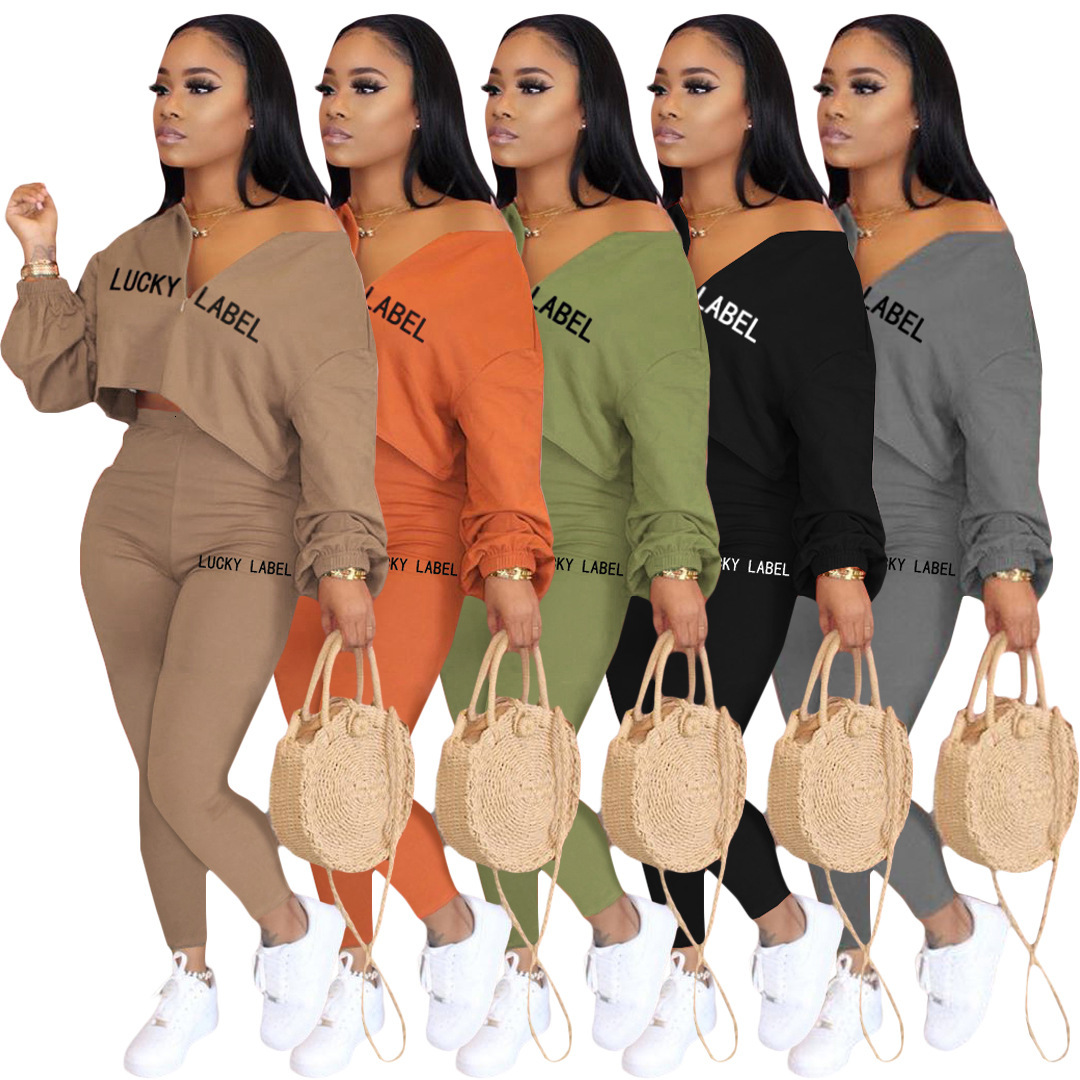 

2021 Letter Lucky Label Solid Color Zipper Long Sleeves Pullover Tops & Embroidery Pants New Autumn Women Suit 2 Piece Set Ivkl, Gray