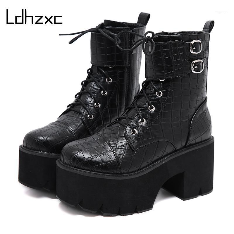 

LDHZXC 2021 Autumn New Arrivals winter Ankle Boots Womens Shoes Winter Chunky High Heel Female Lace-Up Gothic Ladies Shoes1, Black