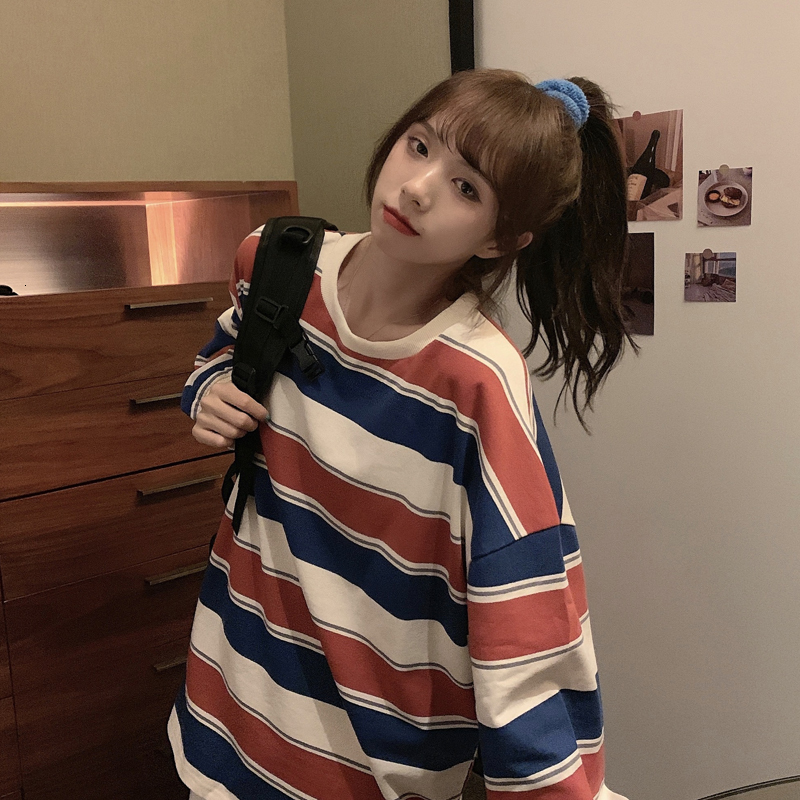 

2021 New Female Striped Sweater Loose Lazy Ins... Bf Thin Net... Red Street Long Top... YLWI, Blue