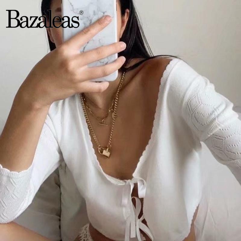 

Bazaleas Autumn Cropped Pull Femme Vintage Front Double Bandage Cardigan Chic Women Sweater Casual Knitted Tops, 1017 black b188