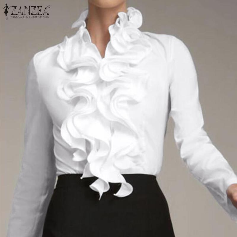 

3XL ZANZEA Ladies Chic Tunic Tops Spring Office Ruffles Shirts Women Long Sleeve Elegant Work Flounce Blouse Female Blusas, Black