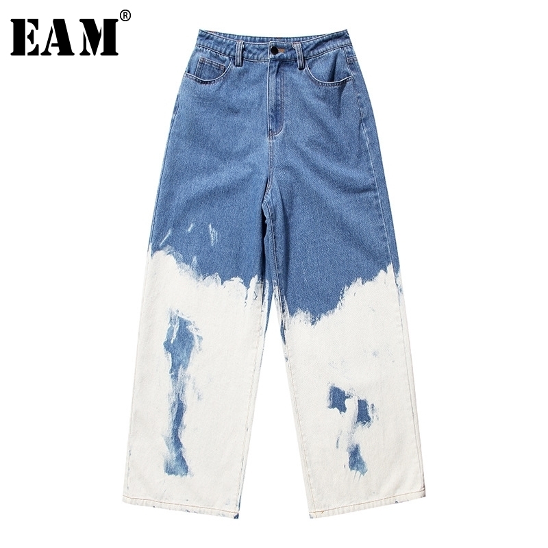 

[EAM] Blue Gradual Color Long Denim Wide Leg Jeans New High Waist Loose Women Trousers Fashion Tide Spring Autumn 2021 1U312 210203, Light blue