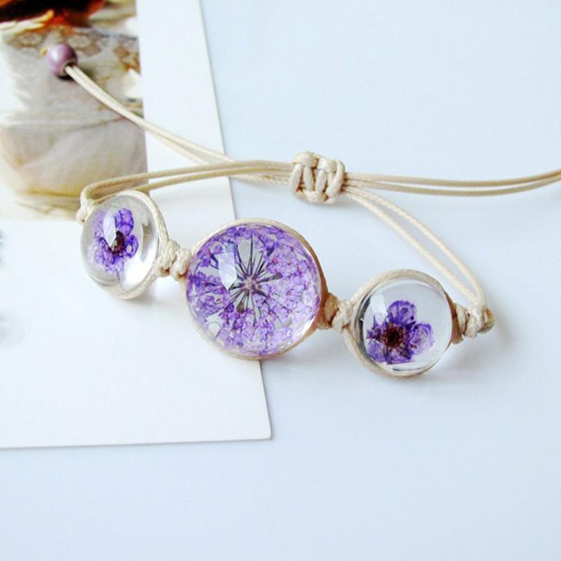 

Women's Fashion Dried Flower Bracelet Glass Ball Weave Lucky Flower Handmade Woven Glass Beads Adjustable Bracelets Bangles1