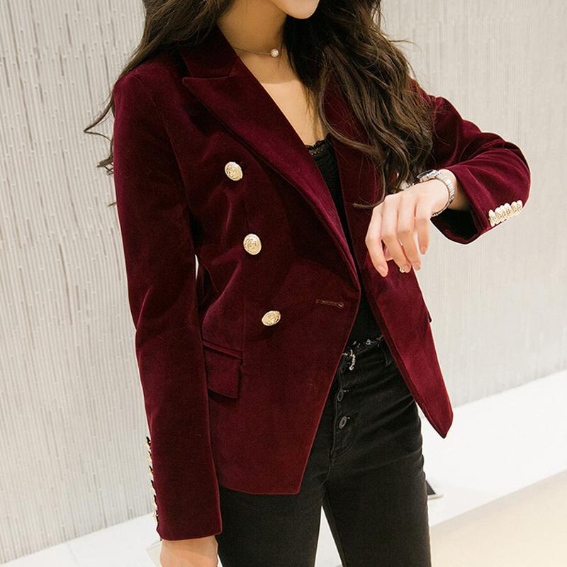 

Fashion New Spring Women Slim Velvet Blazers Double Breasted Simple Lady Blazers High Grade cloth woman, Black