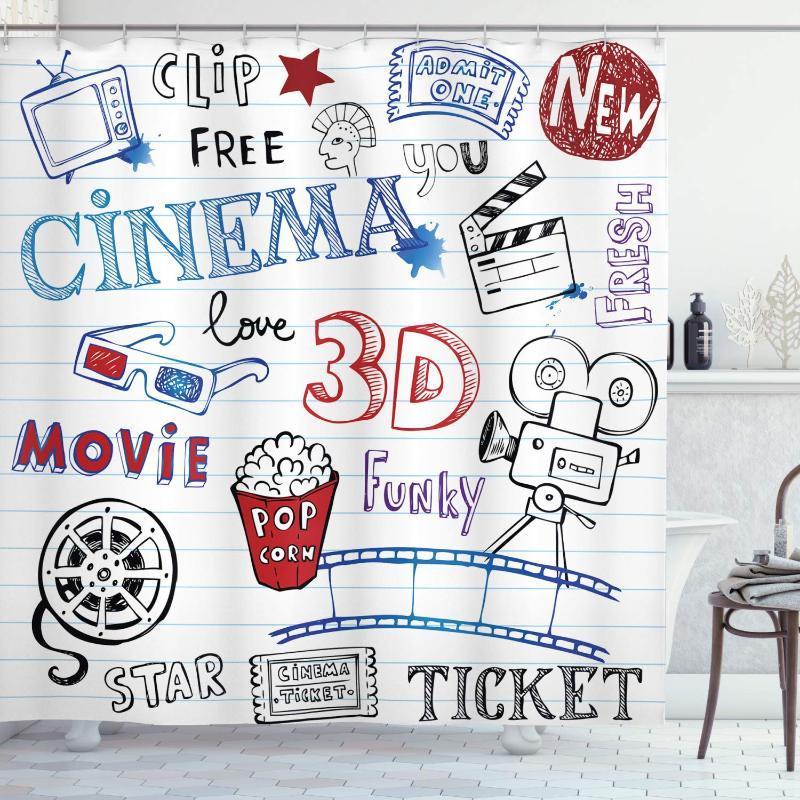 

Movie Theater Shower Curtain Various Hand Drawn on a Notebook Page Style Backdrop Hollywood Fun Bathroom Decor Set with Hooks 701