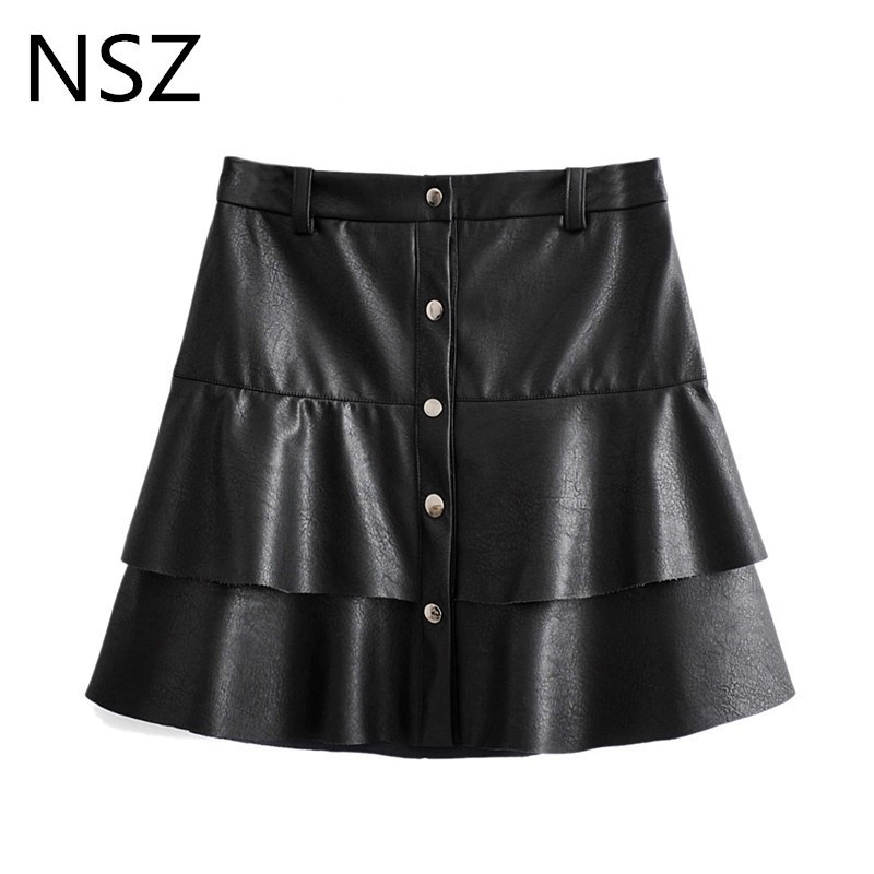 

NSZ women black PU leather skirts high waist lamination ruffles short a-line mini skirt button decoration chic faldas mujer Y200326