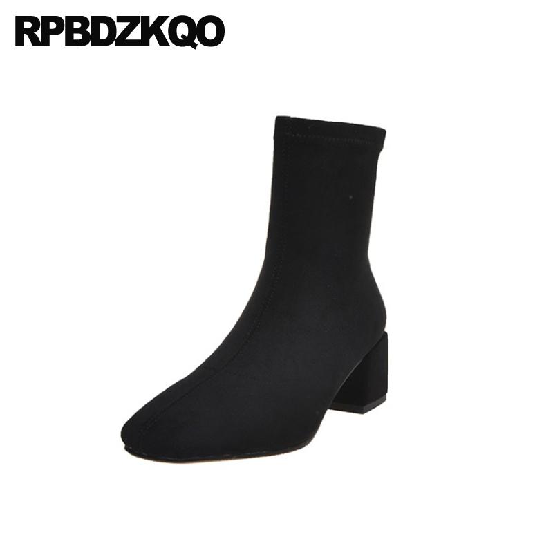 

thick black block women boots winter 2020 fashion suede brown shoes slip on fur square toe ankle high heel chunky short autumn