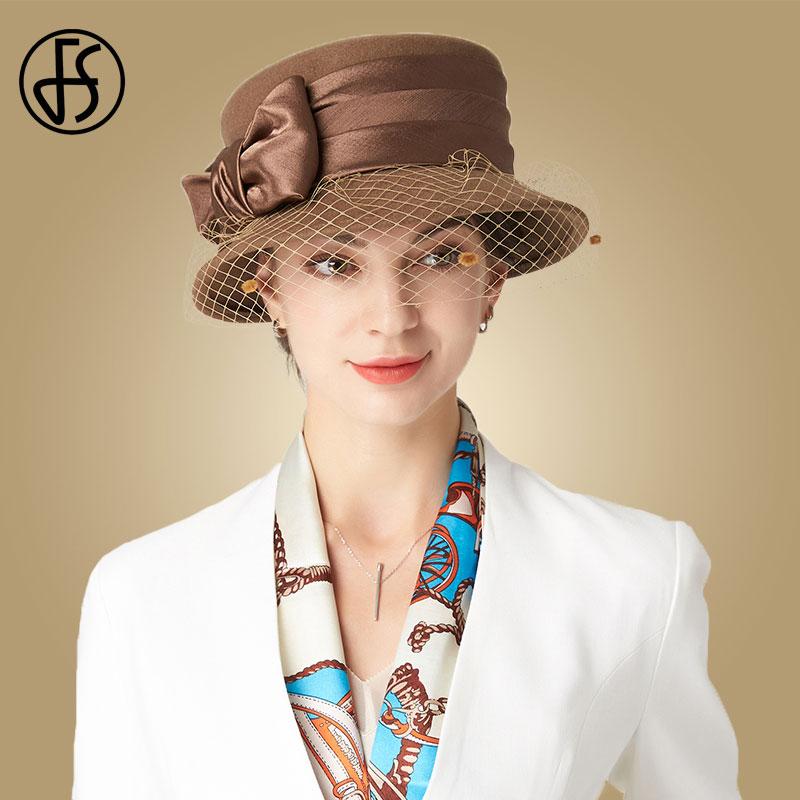 

Stingy Brim Hats FS Winter For Women Wool Black Veils Hat Wide Bowler Fedora Ladies Elegant Felt Caps Red Chapeau Femme