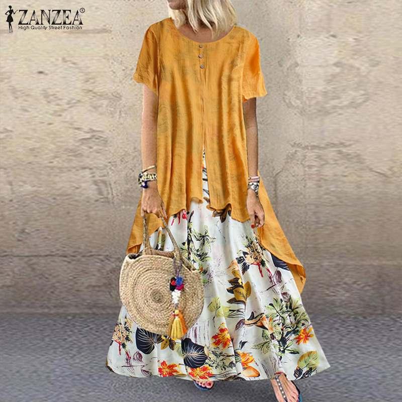 

ZANZEA Pacthwork Long Dress Summer Short Sleeve Women Vintage Floral Printed Sundress Casual Retro Party Vestido Femme Dresses, Yellow