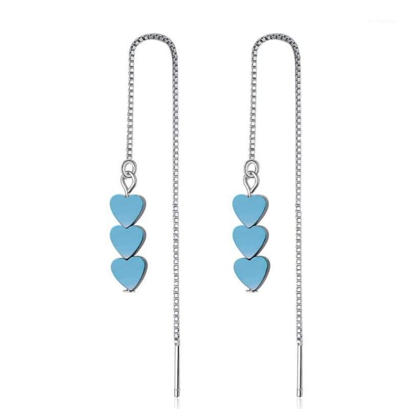 

New Hot Green Heart Shaped Ear Line Gradient Long Earrings For Women 925 Sterling Silver Pendientes Jewelry Gift Brincos SAE401