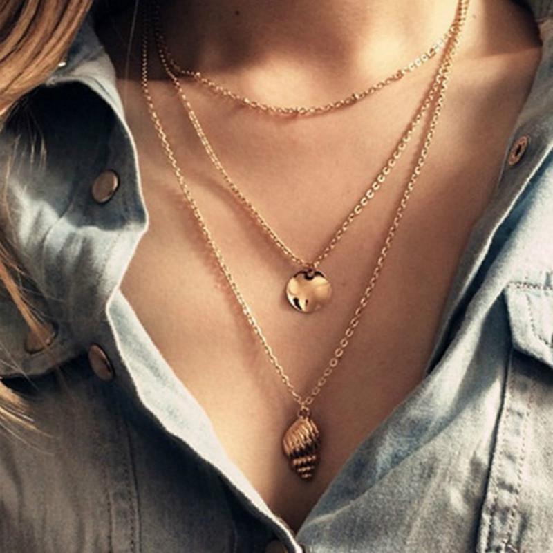 

Trendy Women Multi-layer Choker Necklace Gold Color Round Metal Shell Pendant Chain Necklaces Jewelry Collier Femme