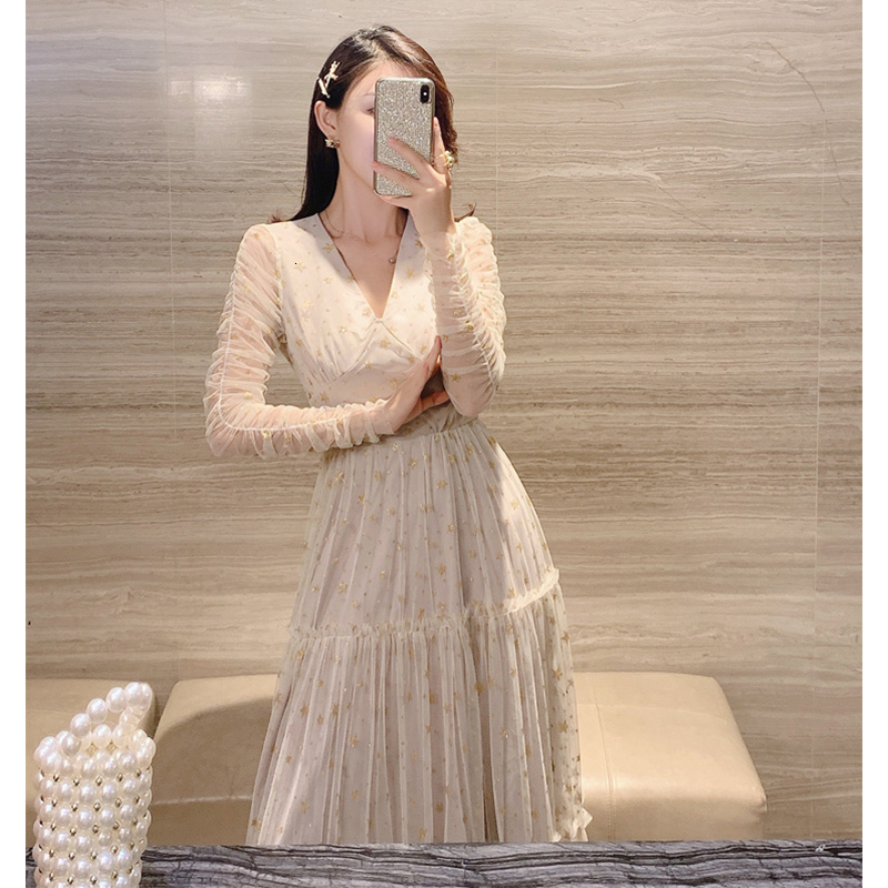 

New Autumn with v Mesh Cleavage for Woman Complete Apricot Waistband Thin Star Bling Party Dress Long Female 2021 1u0l, The picture
