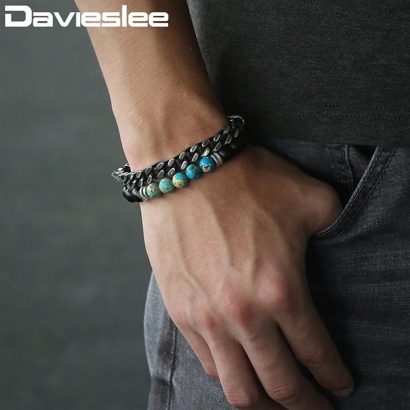 

Davieslee Black Glass Beads Bracelets For Men Women Genuine Imperial Stone White Strand Bracelet 2020 Men Jewelry 8mm DLBFM01
