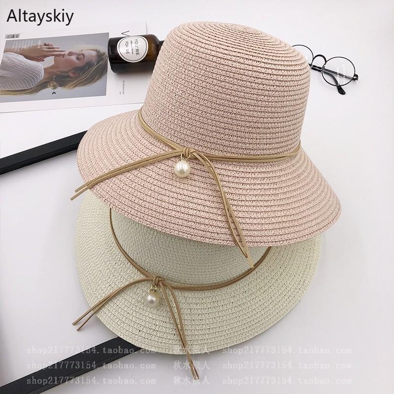 

Sun Hats Women New Leisure Korean Version White Bead Bow Shade Hat Trendy Womens Outdoor Beach 2020 All-match Simple Female Chic