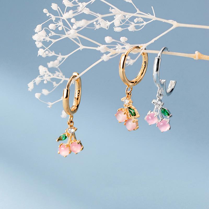 

Hoop & Huggie Real 925 Sterling Silver Pink Cherry Earrings For Fashion Woman Party Bohemian Fine Jewelry Minimalist Accessories