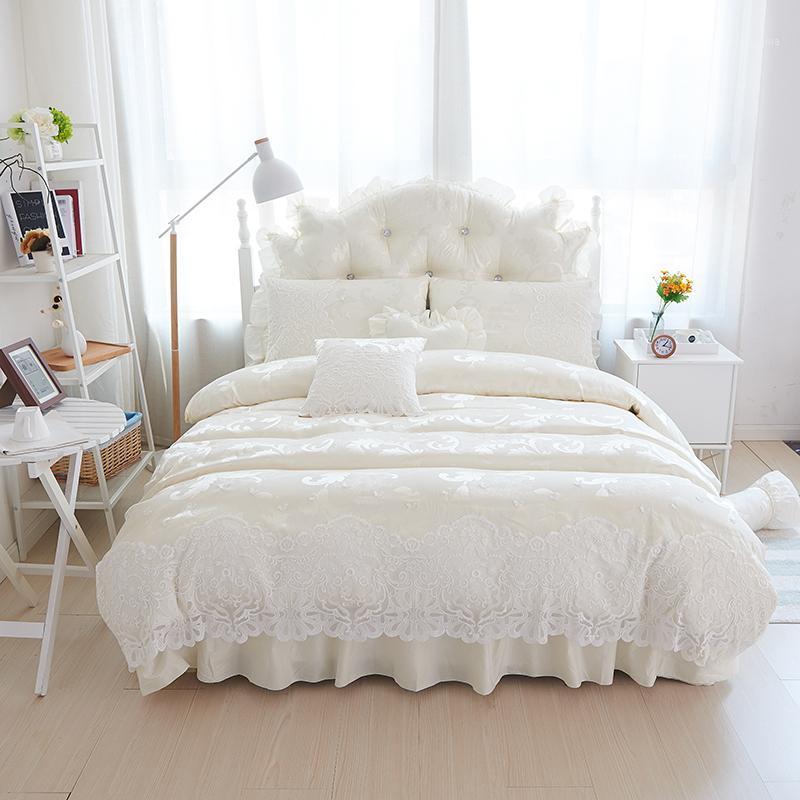 

Princess style jacquard lace bedding set queen king size wedding girls bedding 4/7pcs cotton bedskirt+pillowcase+duvet cover set1