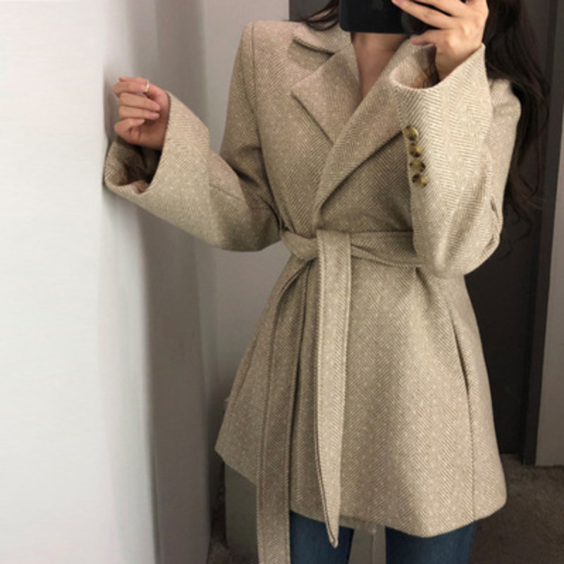 

OL Faux Wool Blends Slim Jacket Female Overcoat With Sashes Small Suit Autumn Coat Jackets For Women Manteau Cloak Uk Tweed Za LJ201110, Coffee