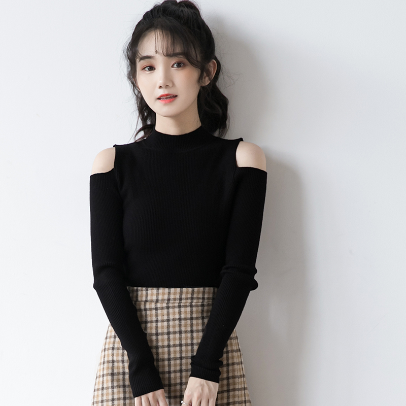 

2021 New Autumn Off the Shoulder Long Carlet Female Design Thin Top Black High-neck Lower Shirt BUSZ
