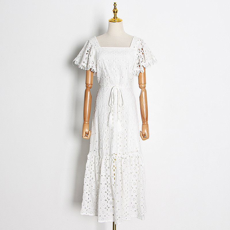 

2021 New Black Summer Solid Woman with Short Sleeve Stripes Hollow Square Collar Off Runway Design Ladies Dress 8zki, White