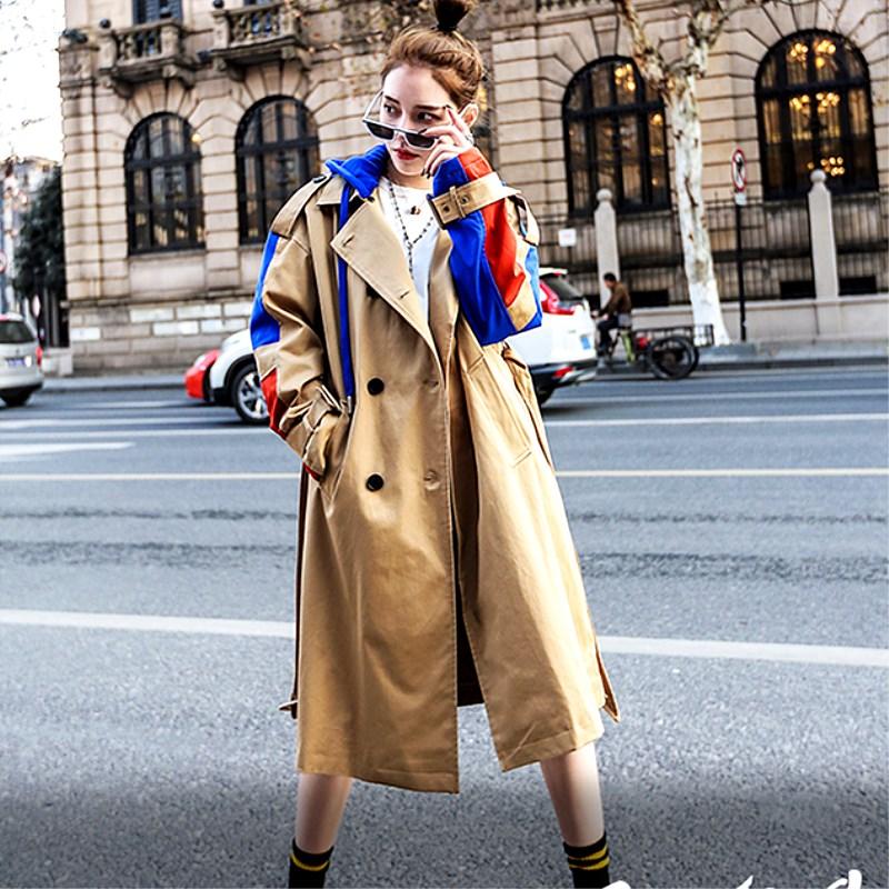 

High Fashion Autumn Women' Casual trench coat Hooded Double Breasted Spliced Patchwork Washed Outwear Loose Clothing CC355, Khaki