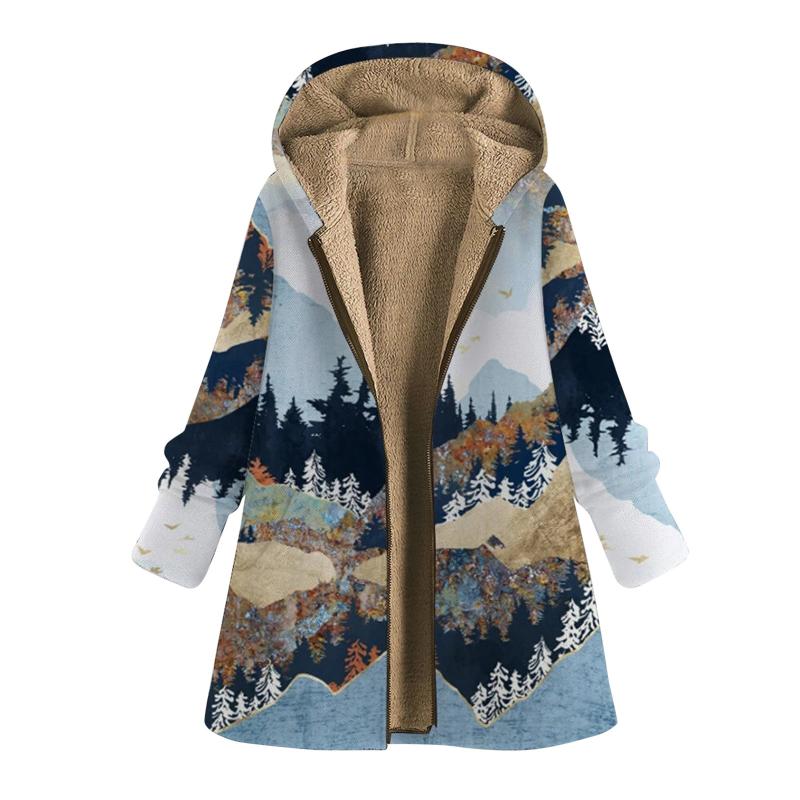 

Vintage Coats For Women Mom Winter Warm Coats Zipper Hooded With Pocket Mountain Print Parkas Plus Size 2021 Femme, Tan;black