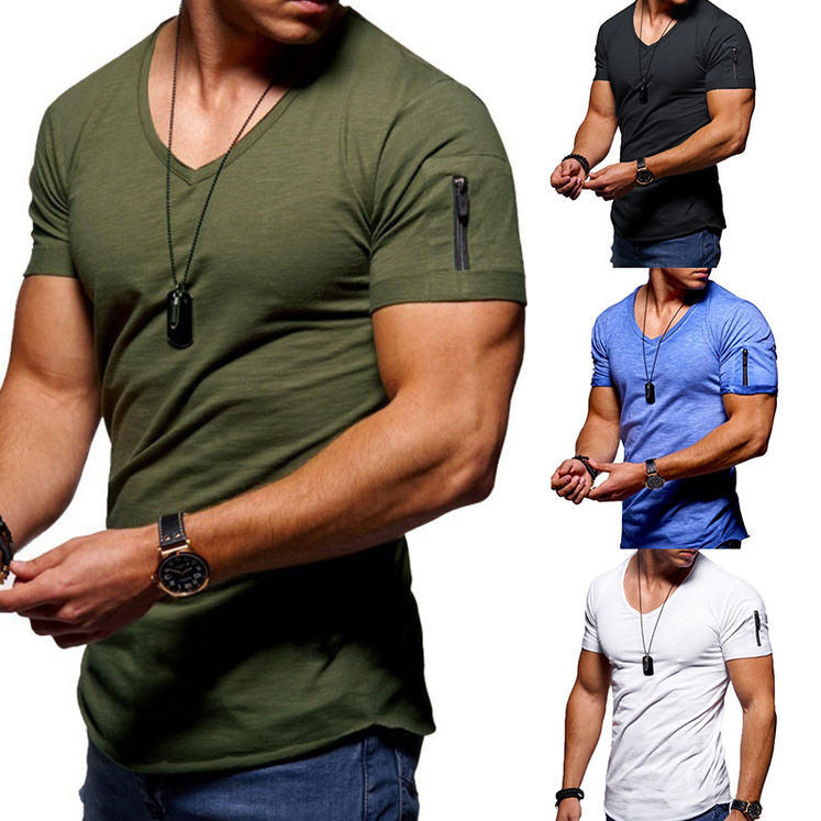 

New Summer short sleeved zipper casual T shirt Men Casual V Neck Fashion T-Shirt Men Fitness Streetwear Tees Tops US Size -2XL kg-151, Orange