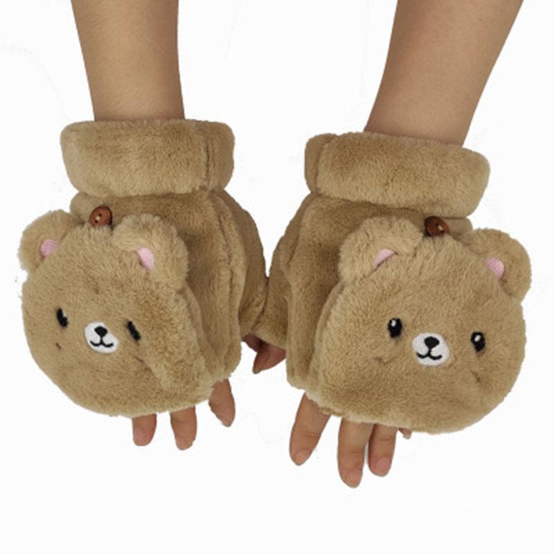 

Five Fingers Gloves Ladies Adult Autumn And Winter Plus Velvet Thick Wool Warmth Super Cute Cartoon Bear Half-finger Flip E21