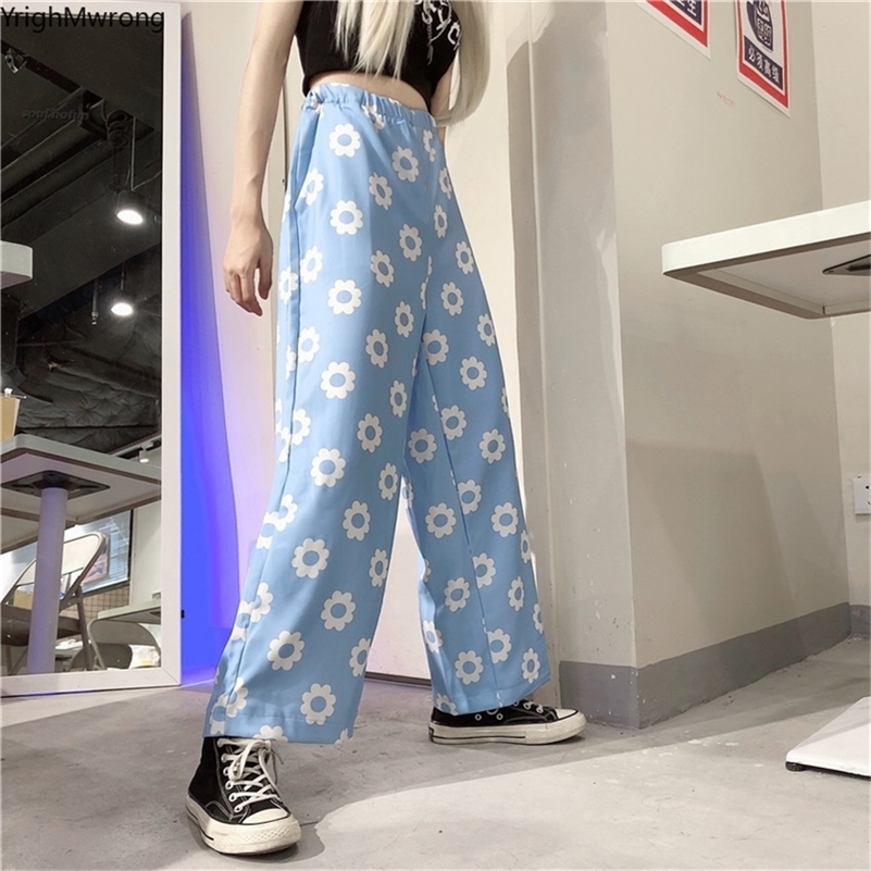 

Orange Black Daisy Drawstring High Waist Loose Straight Wide Boho Fashion Cute Pant Korean Summer Streetwear Tracksuit Flower 201109, Sky blue