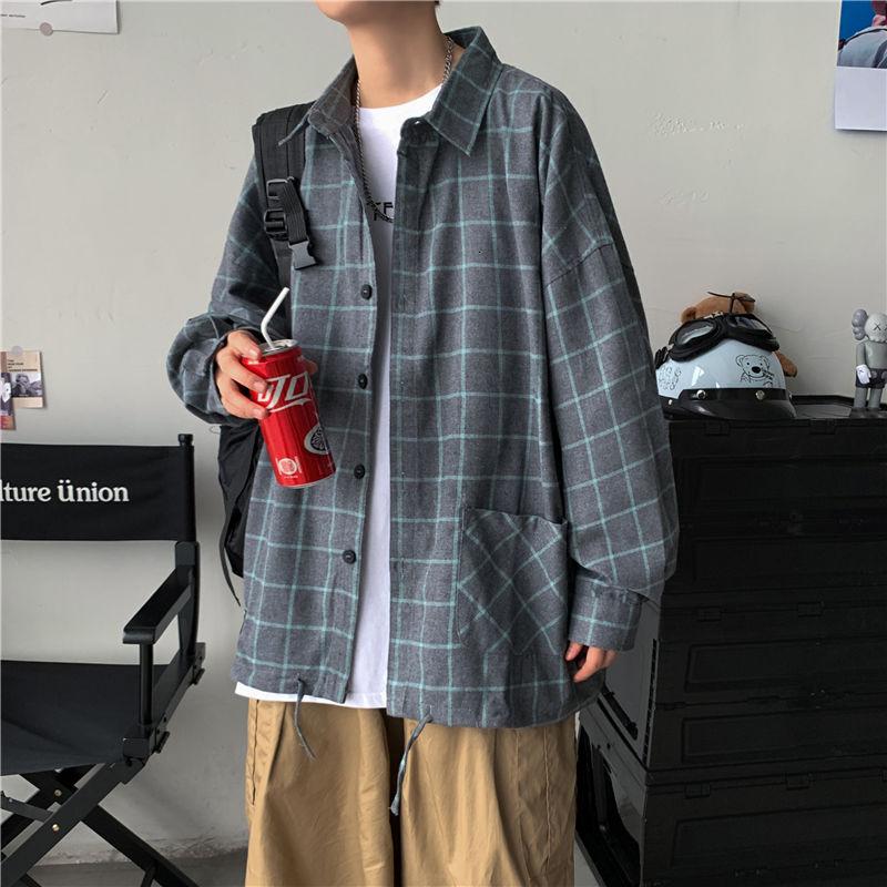 

Korean fashion loose plaid coat 2021 The new listing casual hawaiian shirt long sleeve men's Recommend Free shipping black