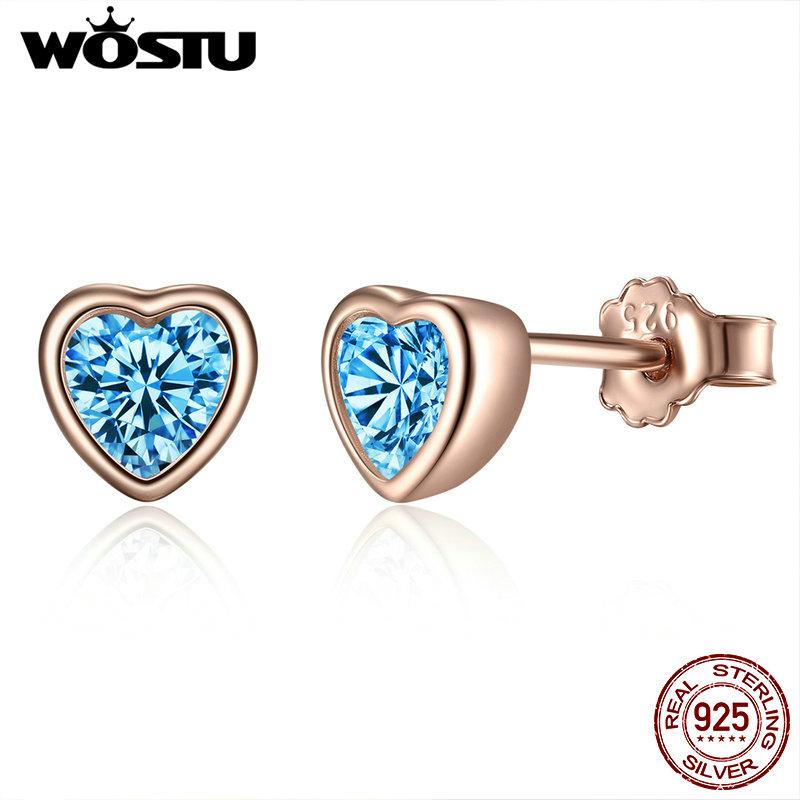 

WOSTU Real 925 Sterling Silver Rose Gold Heart Stud Earrings For Women Dazzling CZ Silver Fashion Jewelry Party Anniversary Gift