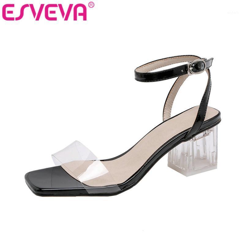 

ESVEVA 2021 Ladies Sandal Square High Heel Slip On Pointed Toe Ladies Slingback Transparent Women Shoes Summer Size 34-431, Black