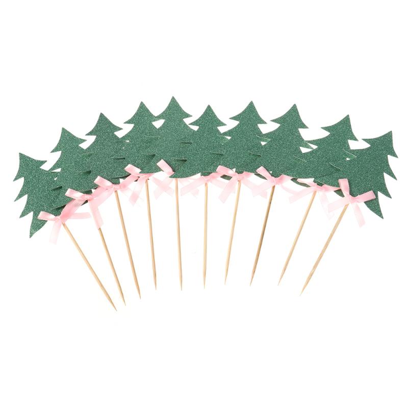 

10 PCS Cupcake Topper Decorative Christmas Trees Cupcake Picks Bowknot for Party Decoration(Green