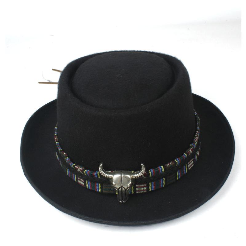 

2020 Fashion Men Women Pork Pie Hat with Cow Head Leather Band Hat Jazz Size 58CM, Black