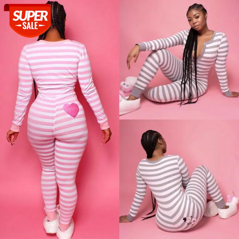 

New Sexy Women Long Sleeve V-neck Stripe Playsuits One Piece Pajamas Nightwear Cute Sleepwear Romper Set #ed9S, Black;white