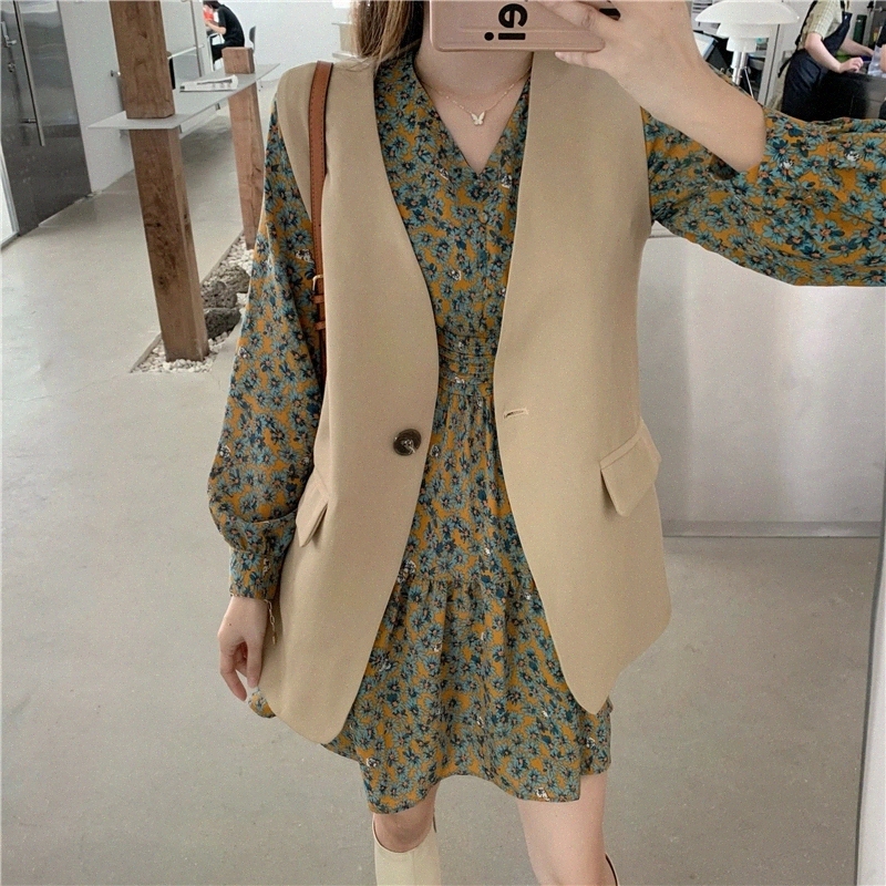 

2020 autumn girl hanging V-neck lotus leaf floral dress Korean style temperament suit vest fashion two-piece trend #ov4Y, Black;gray