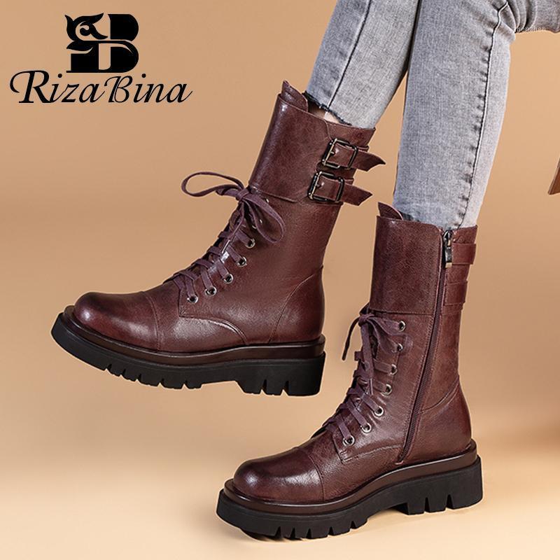 

Boots RIZABINA Women Half Short Real Leather Buckle Thick Bottom Winter Shoes Fashion Ladies Size 34-421, Black