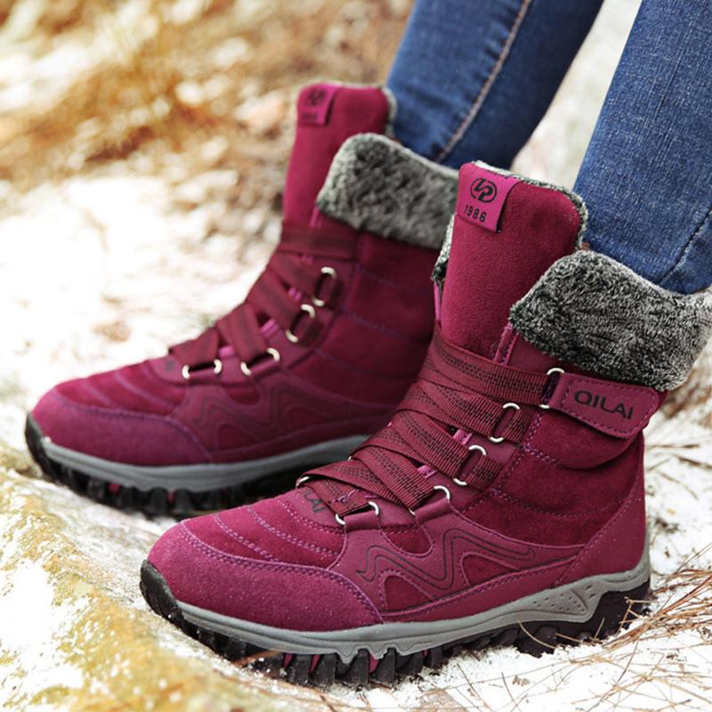 

2020 New Fashion Women's Boots Suede Leather Women Snow Boots Warm Plush Winter Waterproof Ankle Flat Shoes 35-42, Red