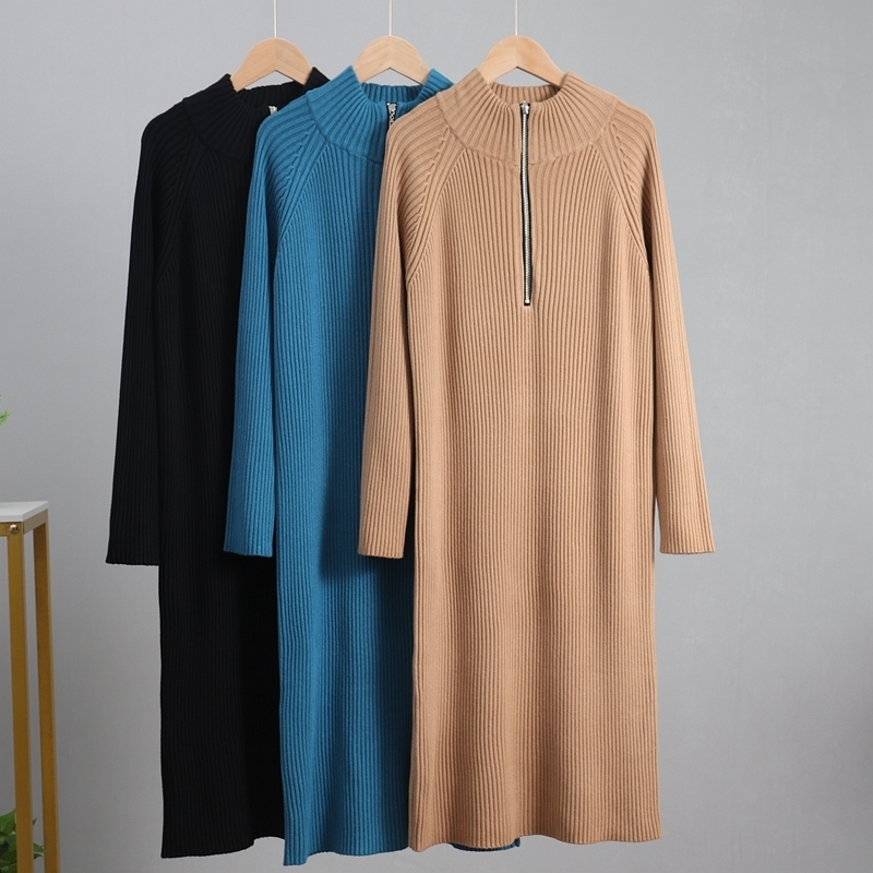 GIGOGOU Zipper Long Knit Women Straight Maxi Dress Autumn Winter Thick Warm Female Sweater Dress Rib Turtleneck Pullover Dresses 201126Z