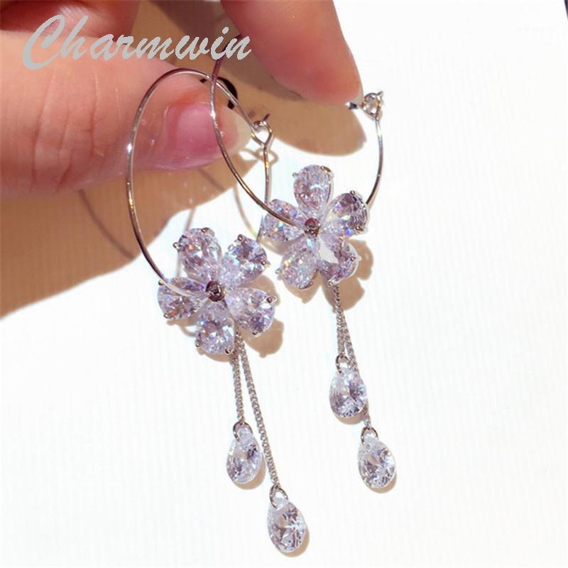 

Charmwin New Fashion Hoop Earrings Long Earrings For Women Statement Cubic Zirconia Flower Tassel Women1
