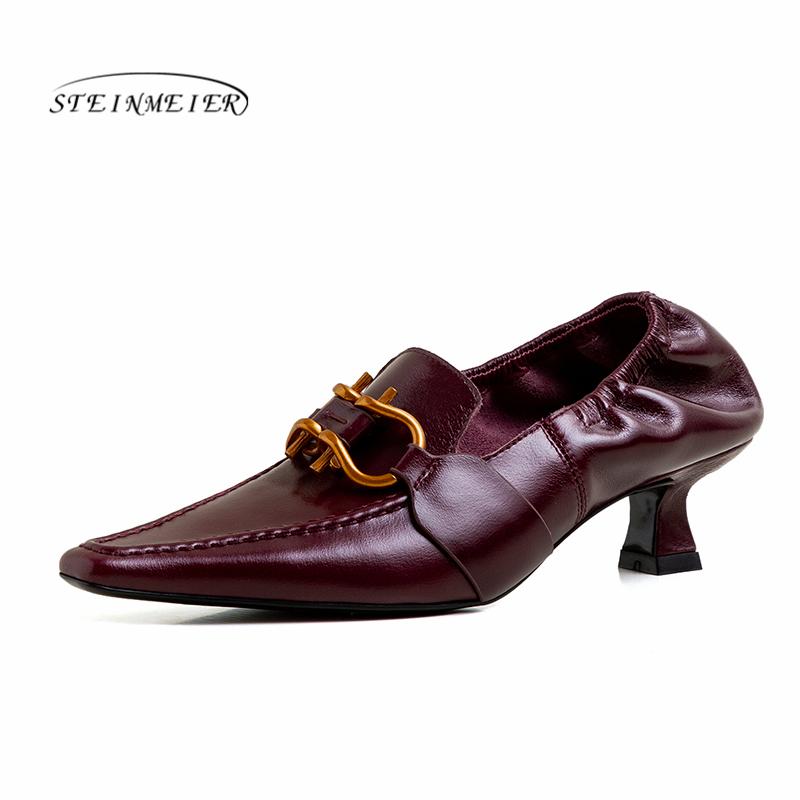 

Women high heels fashion genuine leather pumps spring thick heels shoes square toe slip on heel woman shoes 2020, Burgundy