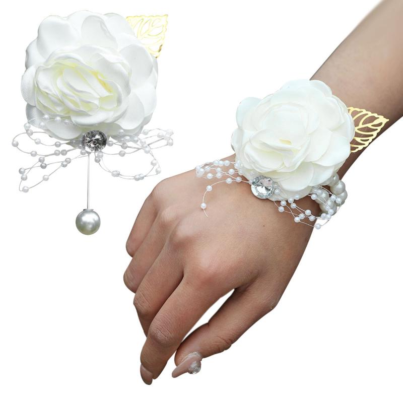 

Wedding Wrist Flower Rose Ribbon Rhinestone Bridal Corsage Bracelet Wristband Bracelet Bridesmaid Wedding Supplies, Pink wrist flower