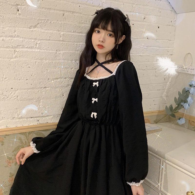 

2020 New Autumn Vintage Sweet Women Dress French Square Collar Black Dress Long Sleeve Retro Bellflower Dresses Female bing