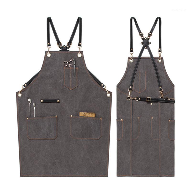 

Canvas Apron Cowhide Leather Strap Barista Bartender Baker Uniform Barber Florist Hairdresser Gardener Painter Work Wear E461