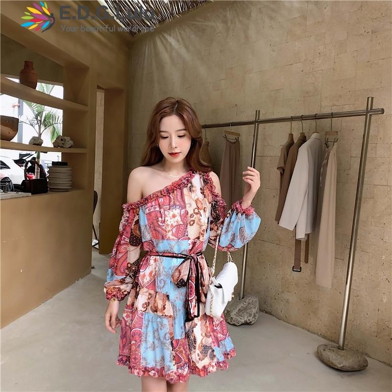 

EDGLuLu Off Shoulder Elegant Print Dress Summer Vintage Flower Long Sleeve Loose Lace-up Bow Mini Party Dresses Vestidos 1021, Clear