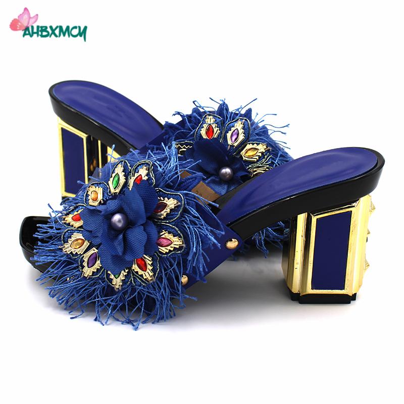 

Royal Blue Color High Qulity African Women Shoes for Party Leisure Style Nigerian Ladies Shoes with Shinnig Crystal for Party, Black